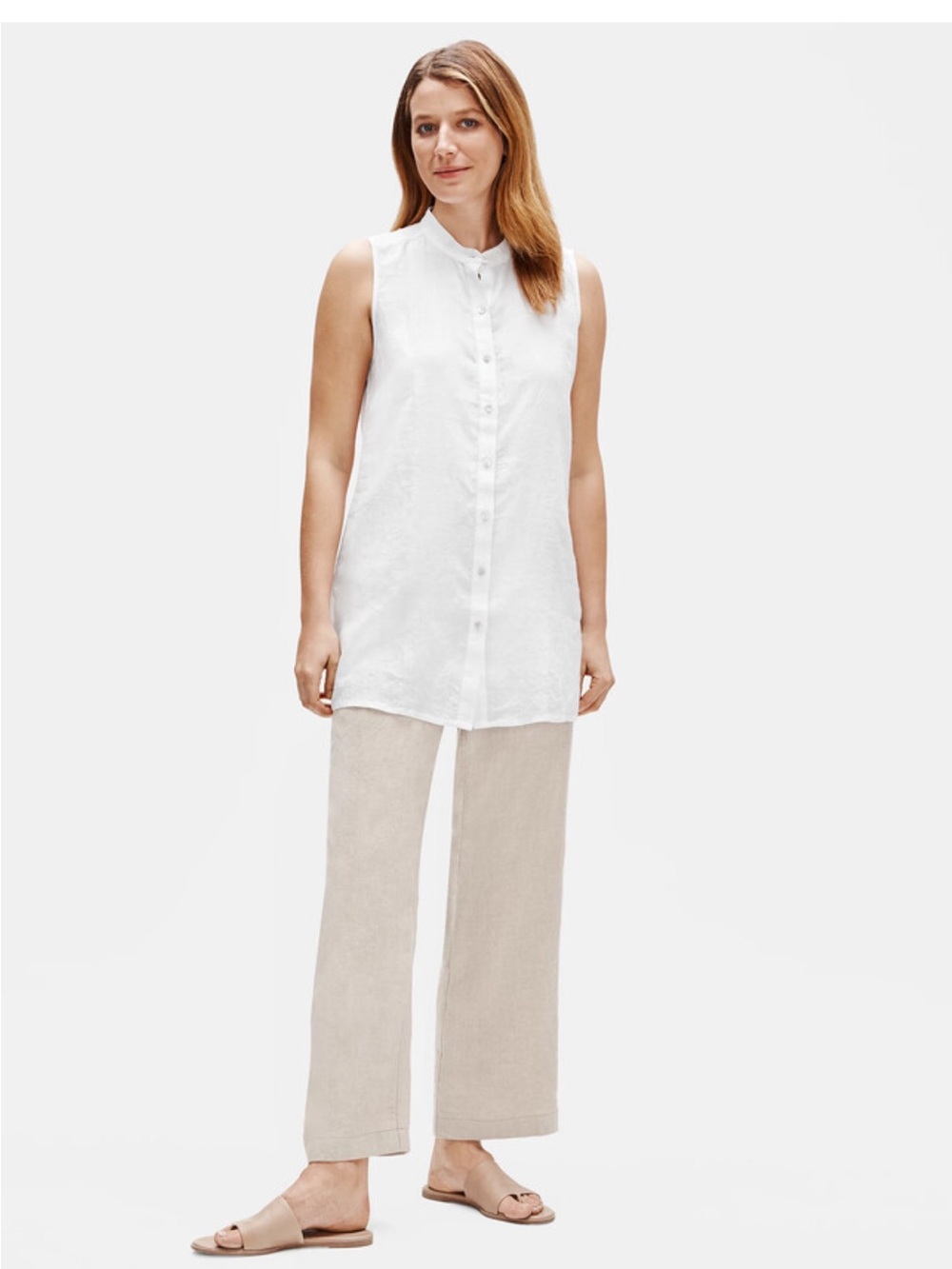 NWT M&S  Linen Blend Button Front, Band Collar Sleeveless Tunic Top, White SZ 12